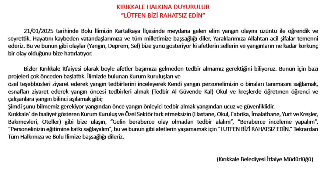 dcb84e66-86b8-4962-9610-67b93892a362 Kırıkkale Belediyesi İtfaiyesinden Bolu Yangını İçin Başsağlığı Mesajı ve Tedbir Çağrısı